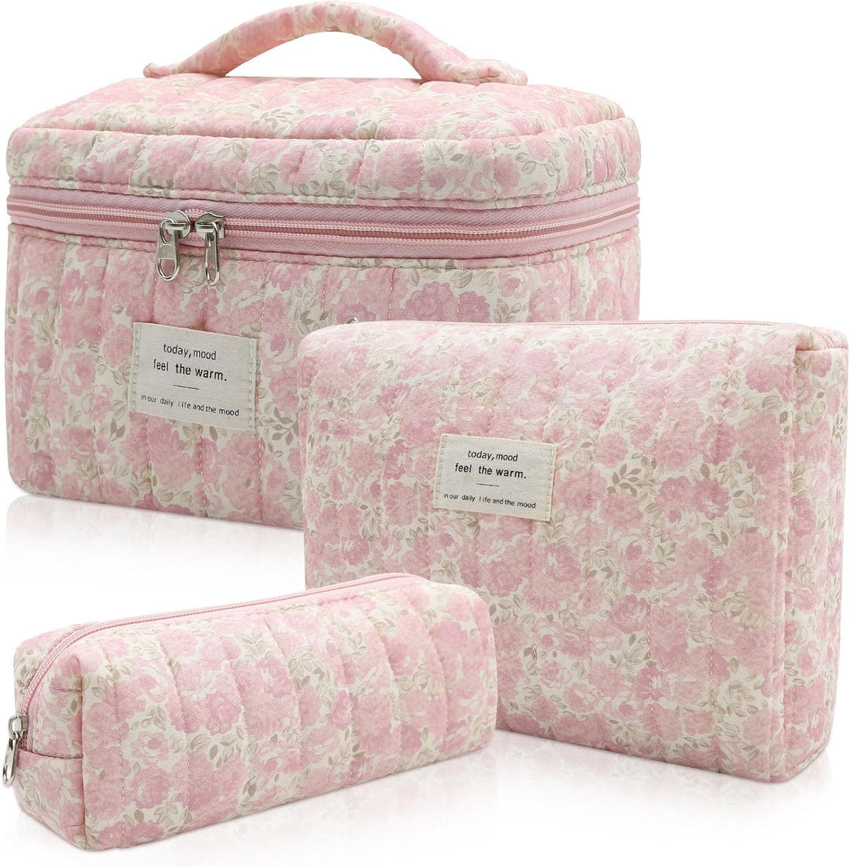 3pc Makeup Bag Set, Quilted Makeup Bag Set, Large Floral Cosmetic Bag for Women, Cute Cotton Makeup Bags, Flower Travel Toiletry Organizer Bag (Pink Crushed flower)
