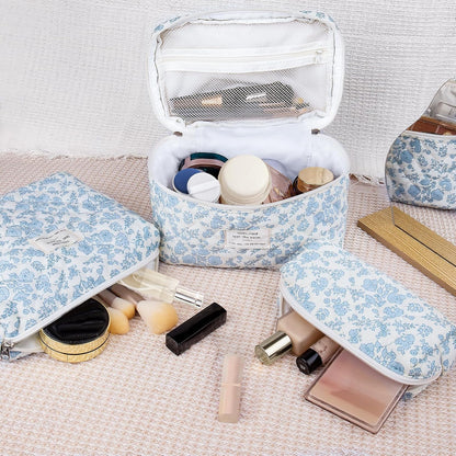 3pc Makeup Bag Set, Quilted Makeup Bag Set, Large Floral Cosmetic Bag for Women, Cute Cotton Makeup Bags, Flower Travel Toiletry Organizer Bag (Pink Crushed flower)