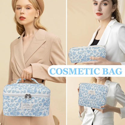 3pc Makeup Bag Set, Quilted Makeup Bag Set, Large Floral Cosmetic Bag for Women, Cute Cotton Makeup Bags, Flower Travel Toiletry Organizer Bag (Pink Crushed flower)