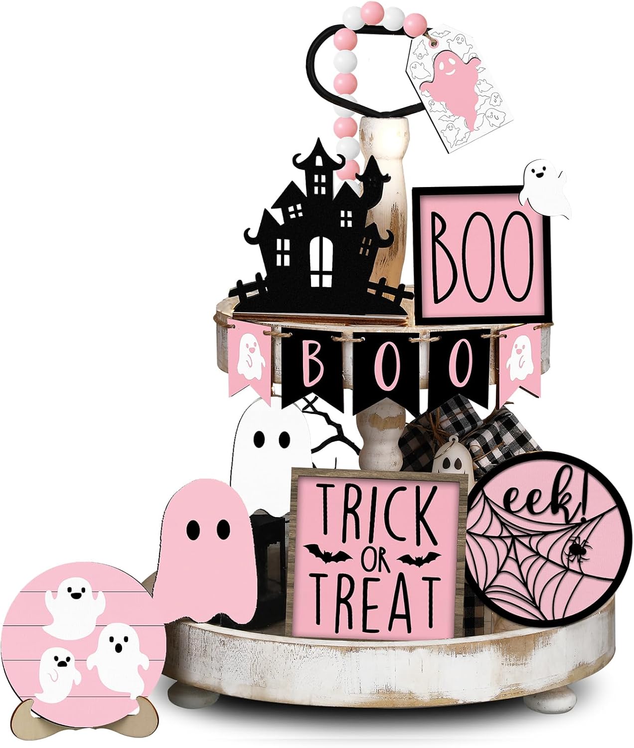 15 Pcs Pink Halloween Decor Ghost Tiered Tray Decor Set
