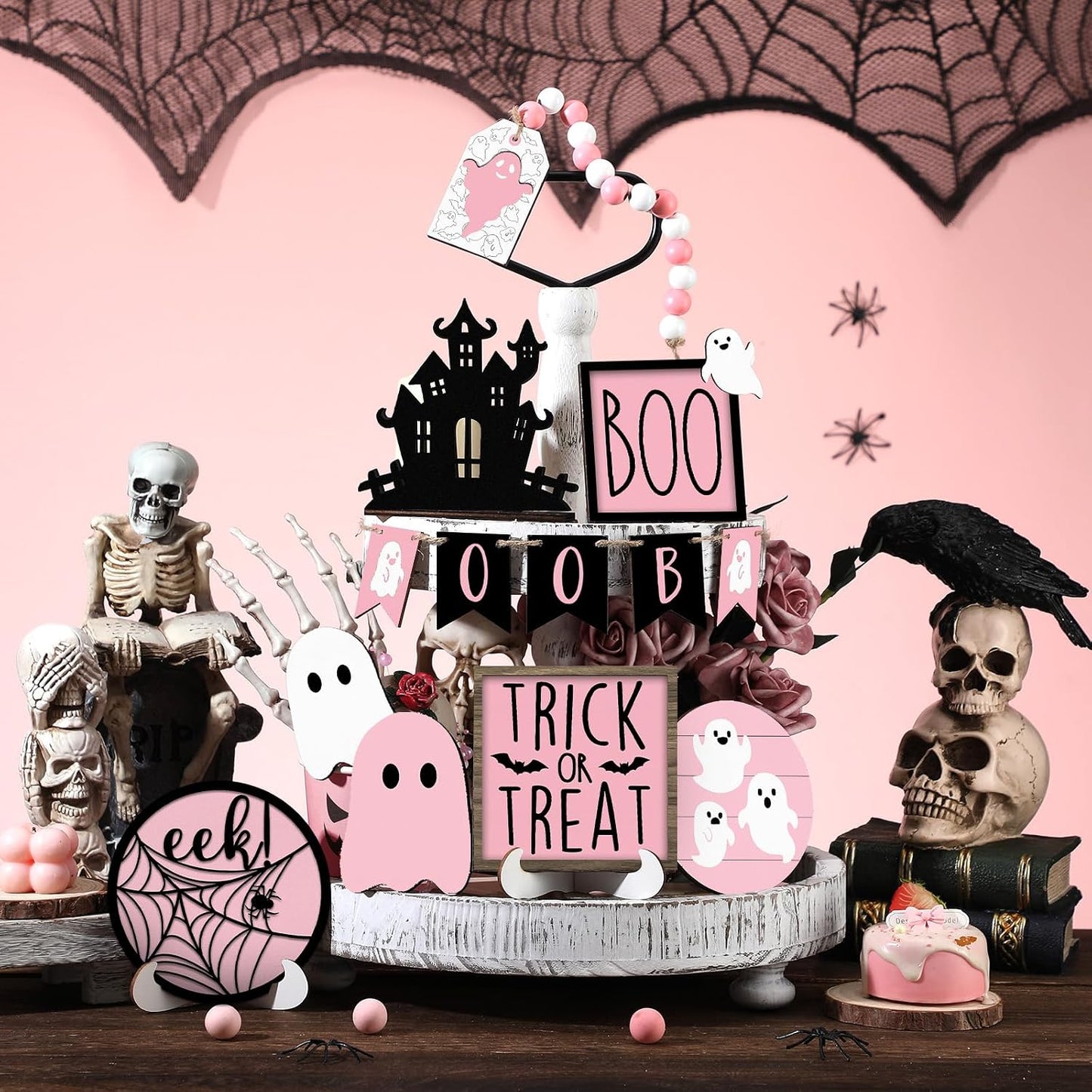 15 Pcs Pink Halloween Decor Ghost Tiered Tray Decor Set