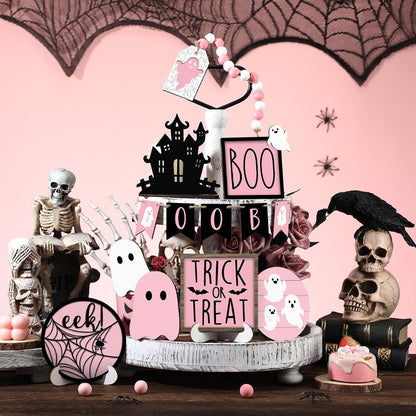 15 Pcs Pink Halloween Decor Ghost Tiered Tray Decor Set