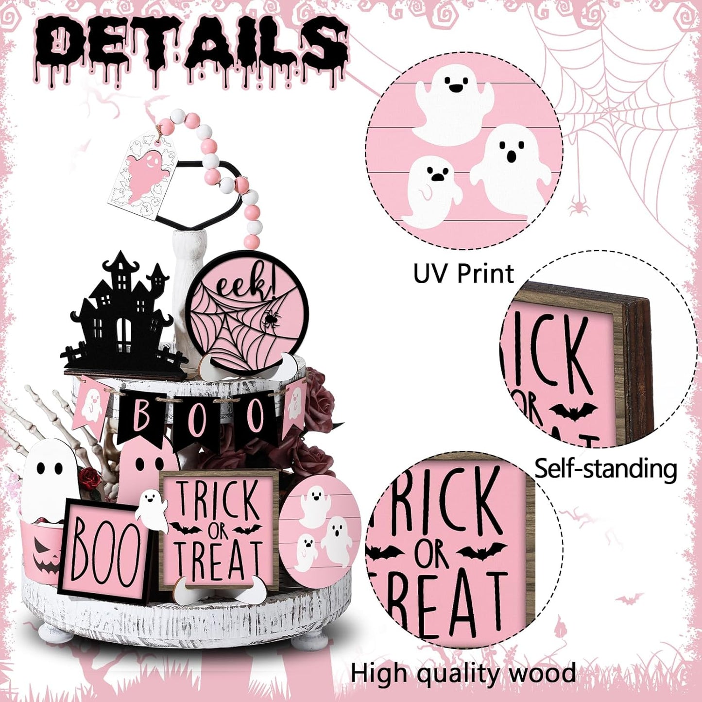 15 Pcs Pink Halloween Decor Ghost Tiered Tray Decor Set