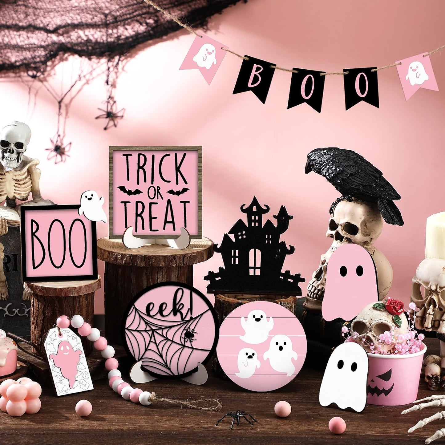 15 Pcs Pink Halloween Decor Ghost Tiered Tray Decor Set