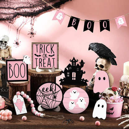 15 Pcs Pink Halloween Decor Ghost Tiered Tray Decor Set