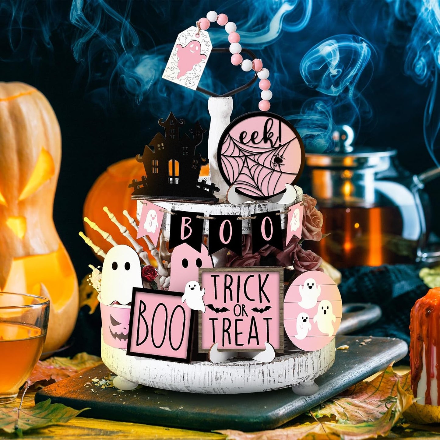 15 Pcs Pink Halloween Decor Ghost Tiered Tray Decor Set