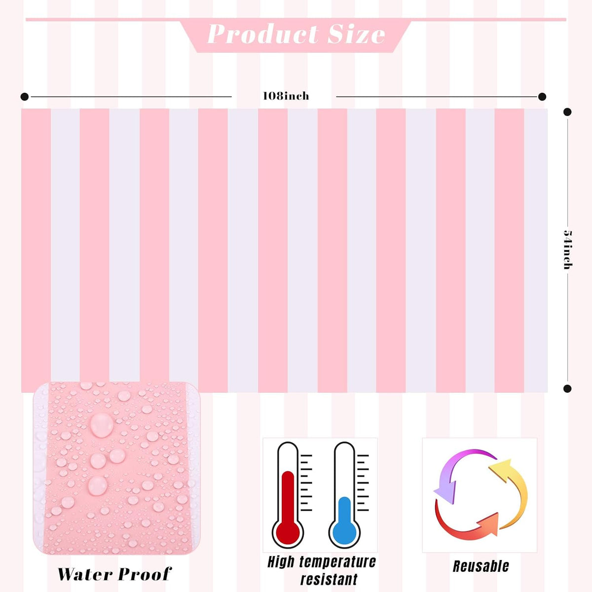 Kesfey Pink Striped Tablecloth Picnic Horizontal Stripe Table Cover 3 Packs