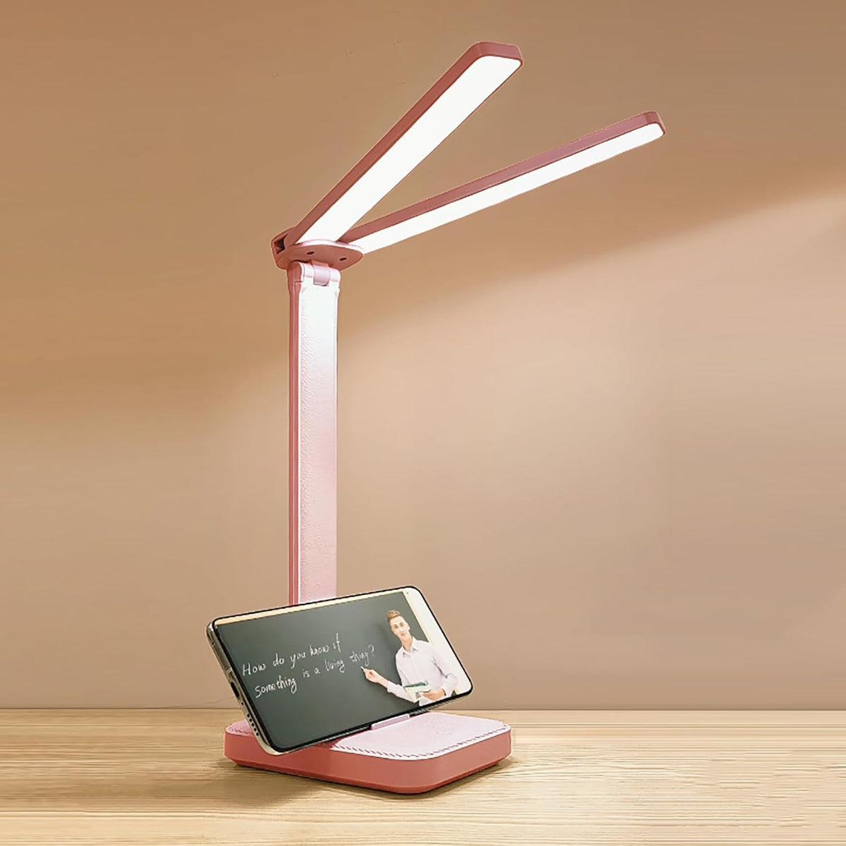 LED Double Head Desk Lamp, Rechargeable Portable Table Lamp, Adjustable Light Color and Brightness, USB Powered, LED Light for Work, Reading, Emergency (Pink)