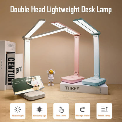 LED Double Head Desk Lamp, Rechargeable Portable Table Lamp, Adjustable Light Color and Brightness, USB Powered, LED Light for Work, Reading, Emergency (Pink)