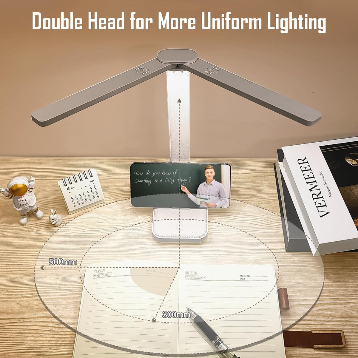 LED Double Head Desk Lamp, Rechargeable Portable Table Lamp, Adjustable Light Color and Brightness, USB Powered, LED Light for Work, Reading, Emergency (Pink)