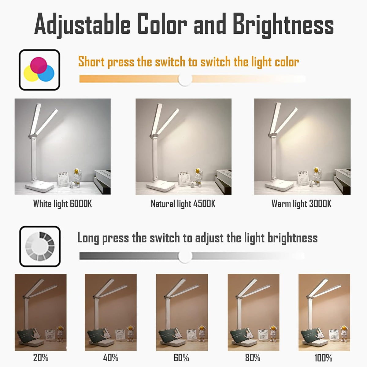 LED Double Head Desk Lamp, Rechargeable Portable Table Lamp, Adjustable Light Color and Brightness, USB Powered, LED Light for Work, Reading, Emergency (Pink)