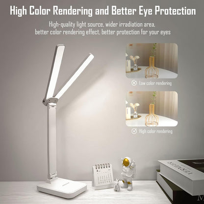 LED Double Head Desk Lamp, Rechargeable Portable Table Lamp, Adjustable Light Color and Brightness, USB Powered, LED Light for Work, Reading, Emergency (Pink)