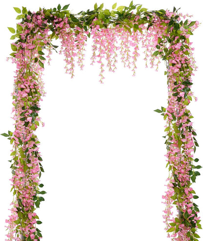 Wisteria Artificial Flowers Garland, 4 Pcs Total 28.8ft Artificial Wisteria Vine Silk Hanging Flower for Home Garden Outdoor Ceremony Wedding Arch Floral Decor (Pink)