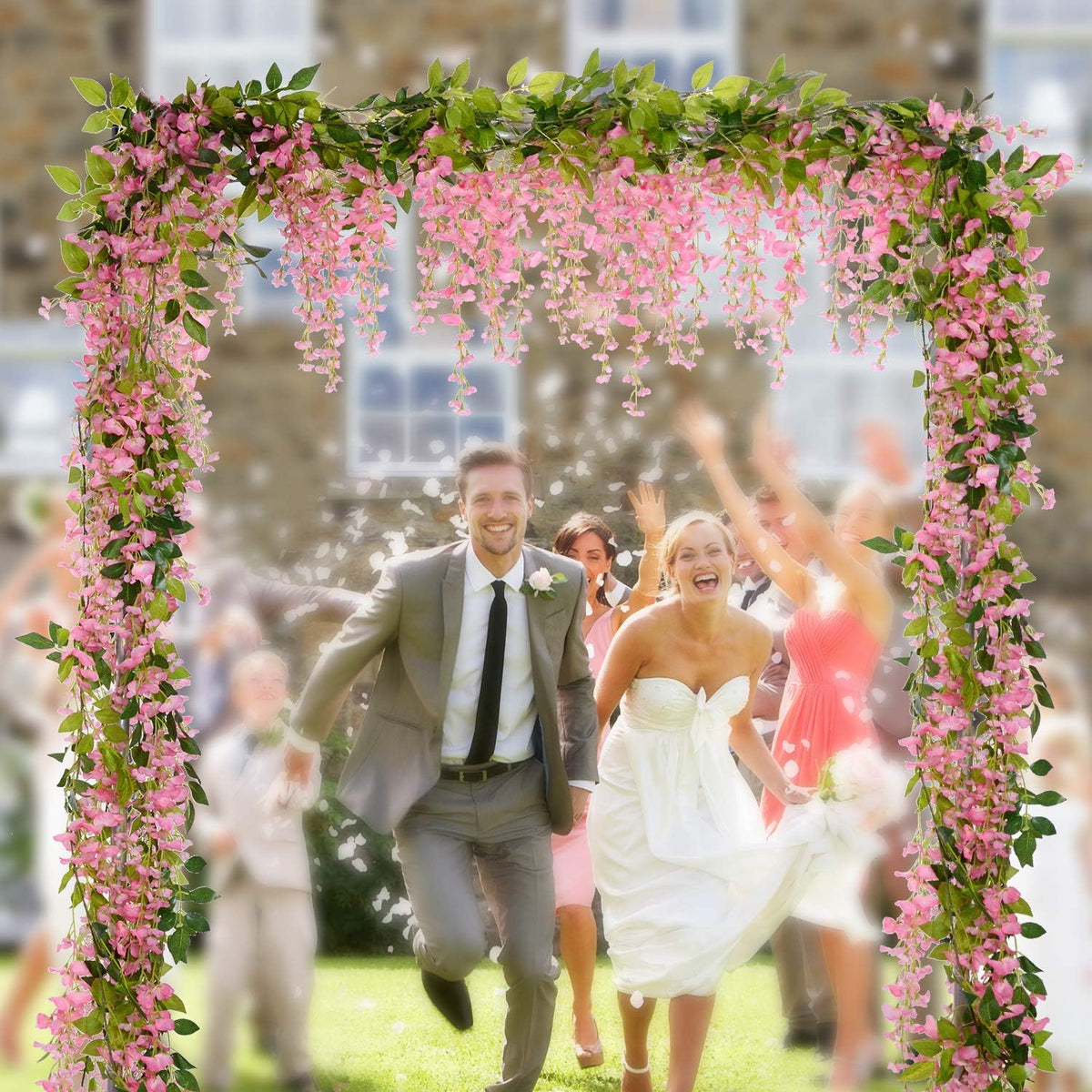 Wisteria Artificial Flowers Garland, 4 Pcs Total 28.8ft Artificial Wisteria Vine Silk Hanging Flower for Home Garden Outdoor Ceremony Wedding Arch Floral Decor (Pink)