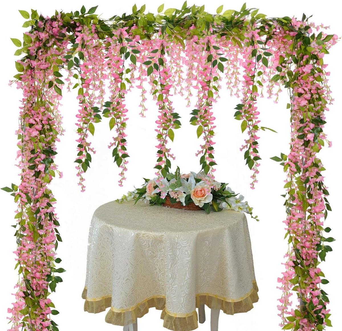 Wisteria Artificial Flowers Garland, 4 Pcs Total 28.8ft Artificial Wisteria Vine Silk Hanging Flower for Home Garden Outdoor Ceremony Wedding Arch Floral Decor (Pink)