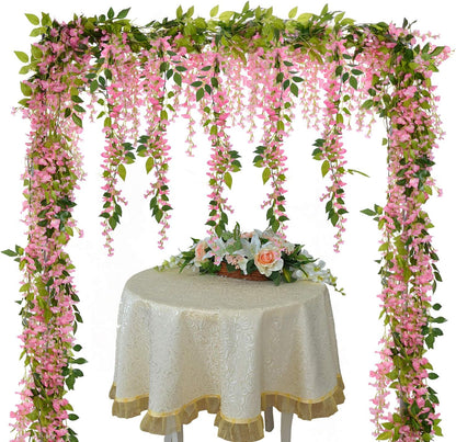 Wisteria Artificial Flowers Garland, 4 Pcs Total 28.8ft Artificial Wisteria Vine Silk Hanging Flower for Home Garden Outdoor Ceremony Wedding Arch Floral Decor (Pink)