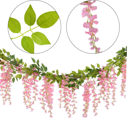 Wisteria Artificial Flowers Garland, 4 Pcs Total 28.8ft Artificial Wisteria Vine Silk Hanging Flower for Home Garden Outdoor Ceremony Wedding Arch Floral Decor (Pink)