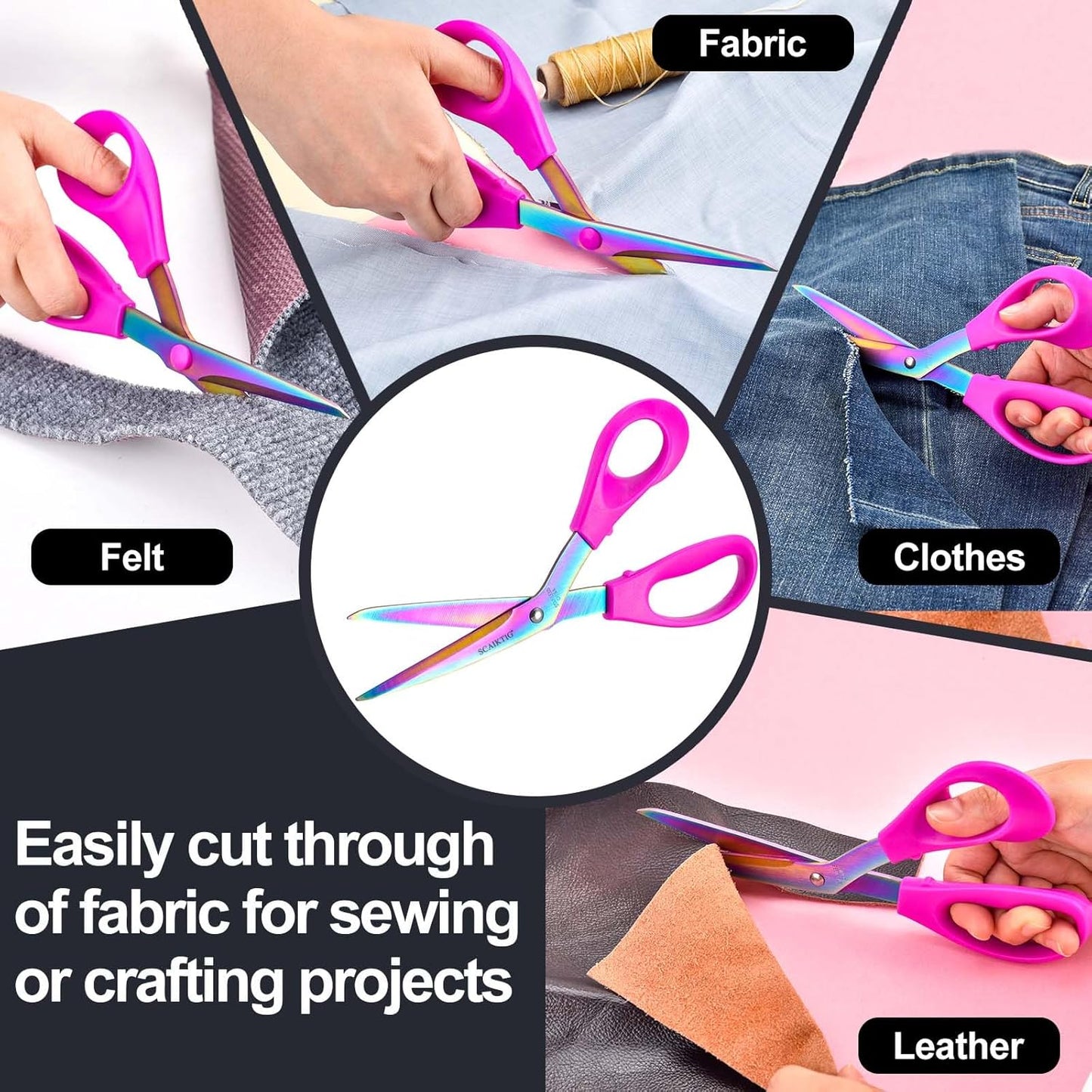 8.5“ Bent Fabric Scissors All Purpose Sharp Heavy Duty, Bent Shears for Sewing Crafting Cutting Clothes, Felt, Leather, Paper Supplies, Pink Handle, Titanium Coating Blades, 2-Pack