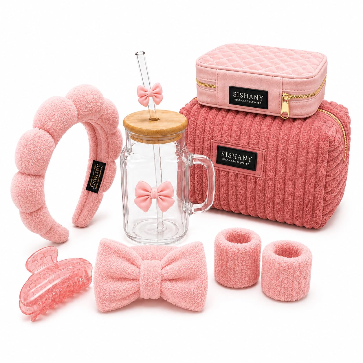 Self Care Gift Set for Women, Aesthetic Travel Gift Box with Makeup Bag, Jewelry Case, Glass Tumbler, Velvet Headband, Spa Bow Headband, Spa Wristbands & Marble Claw Hair Clip (Pink)