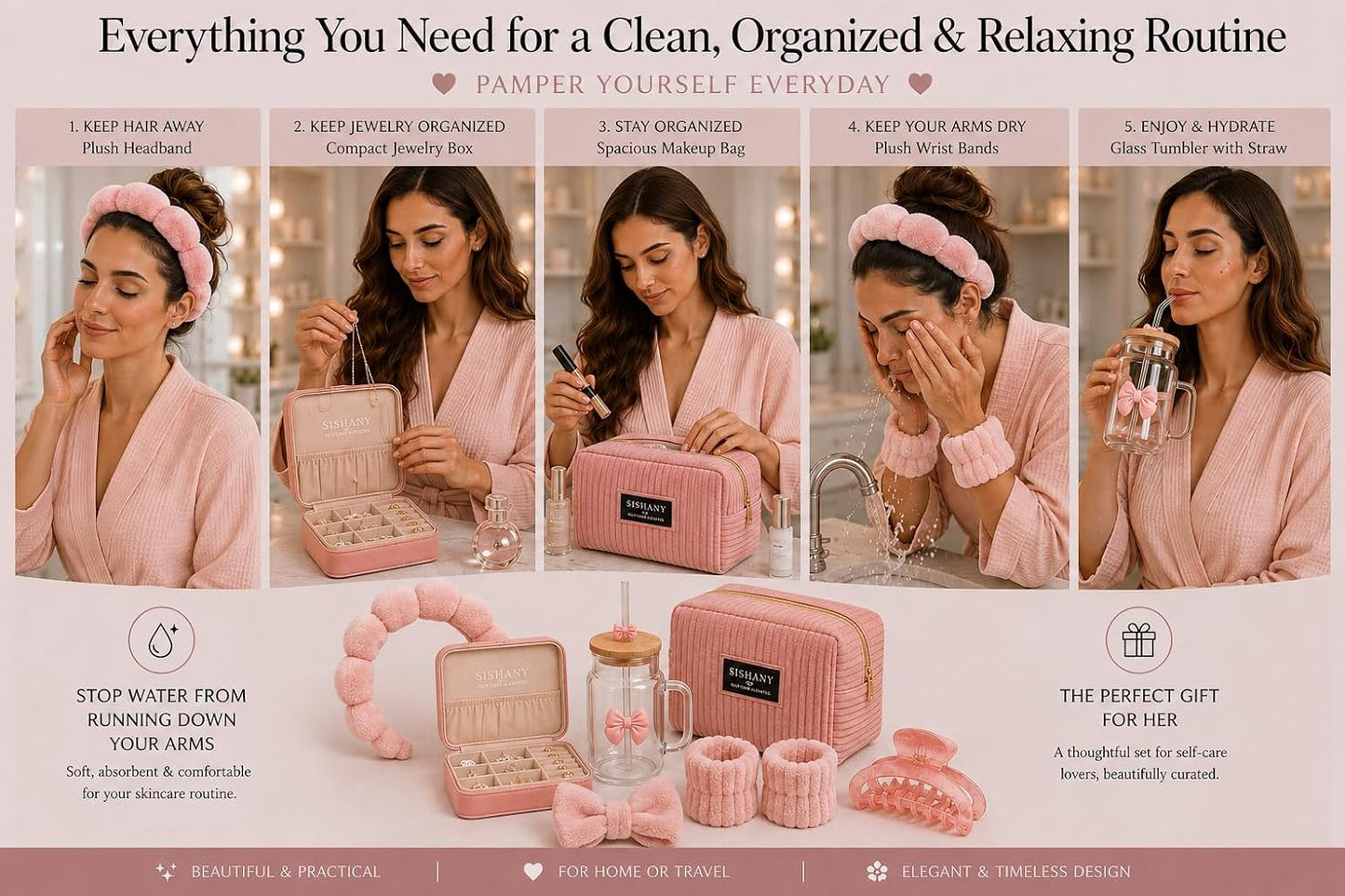 Self Care Gift Set for Women, Aesthetic Travel Gift Box with Makeup Bag, Jewelry Case, Glass Tumbler, Velvet Headband, Spa Bow Headband, Spa Wristbands & Marble Claw Hair Clip (Pink)