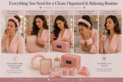 Self Care Gift Set for Women, Aesthetic Travel Gift Box with Makeup Bag, Jewelry Case, Glass Tumbler, Velvet Headband, Spa Bow Headband, Spa Wristbands & Marble Claw Hair Clip (Pink)