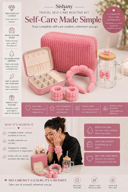 Self Care Gift Set for Women, Aesthetic Travel Gift Box with Makeup Bag, Jewelry Case, Glass Tumbler, Velvet Headband, Spa Bow Headband, Spa Wristbands & Marble Claw Hair Clip (Pink)