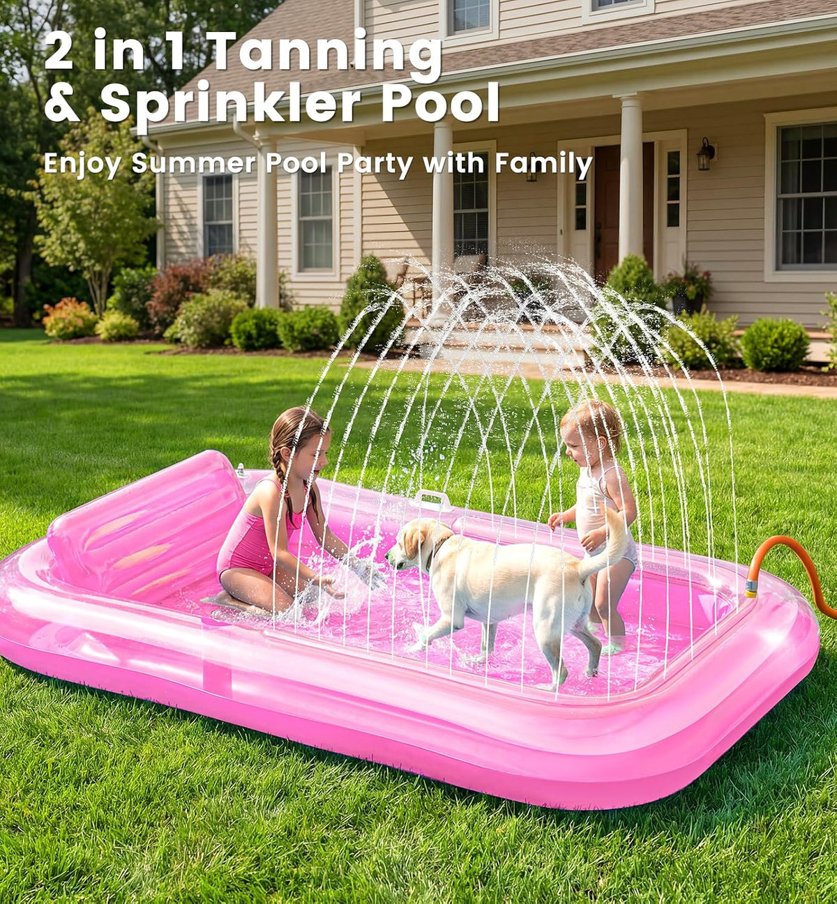 Inflatable Tanning Pool Lounger Float with Sprinkler, 77" x 48" XL Tanning Pool for Adults with Pillow & Cup Holder, 6 in 1 Suntan Tub Sunbathing Bed Pool Floats Adult for Backyard, Beach & Lake