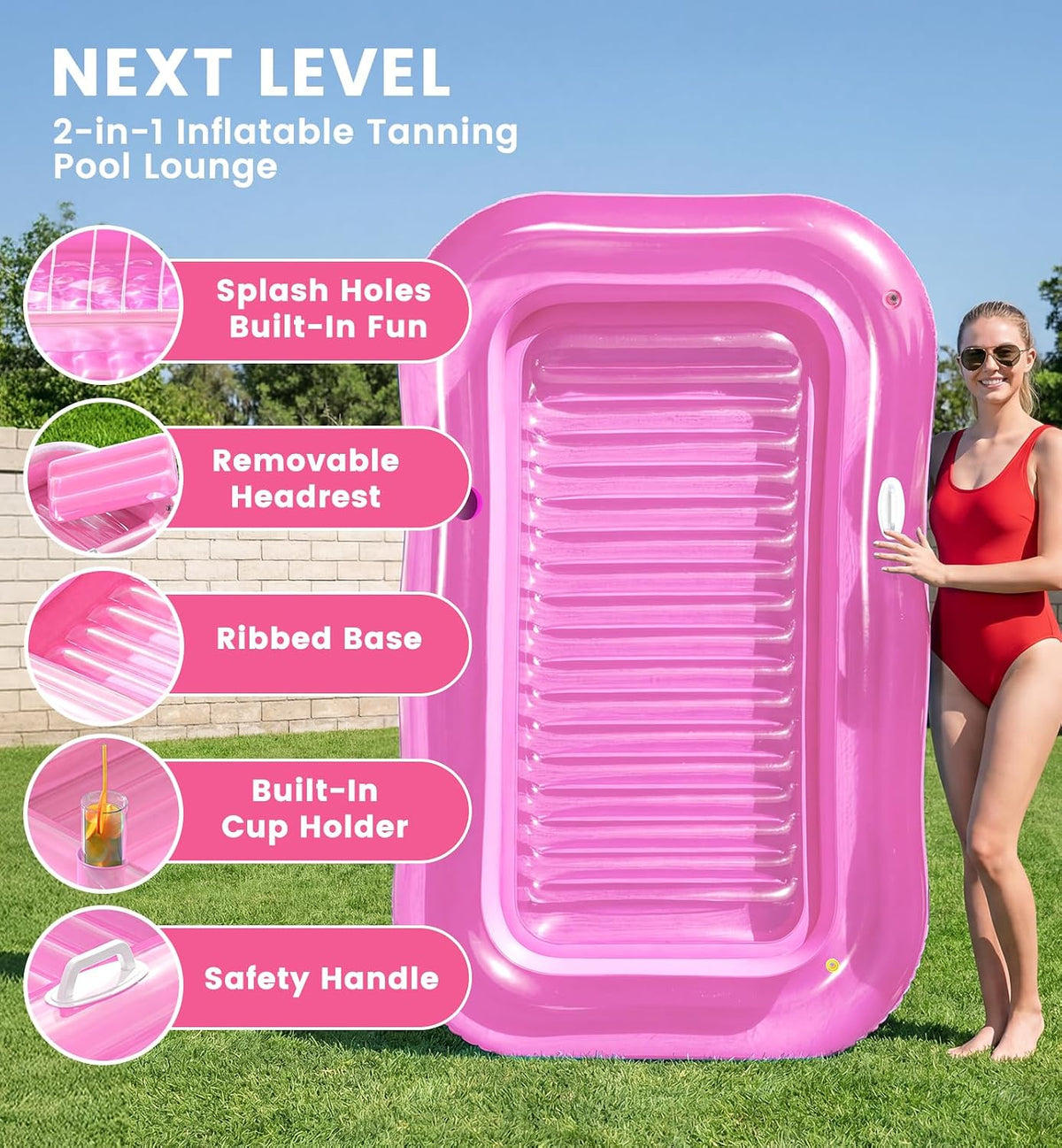 Inflatable Tanning Pool Lounger Float with Sprinkler, 77" x 48" XL Tanning Pool for Adults with Pillow & Cup Holder, 6 in 1 Suntan Tub Sunbathing Bed Pool Floats Adult for Backyard, Beach & Lake