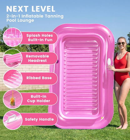 Inflatable Tanning Pool Lounger Float with Sprinkler, 77" x 48" XL Tanning Pool for Adults with Pillow & Cup Holder, 6 in 1 Suntan Tub Sunbathing Bed Pool Floats Adult for Backyard, Beach & Lake