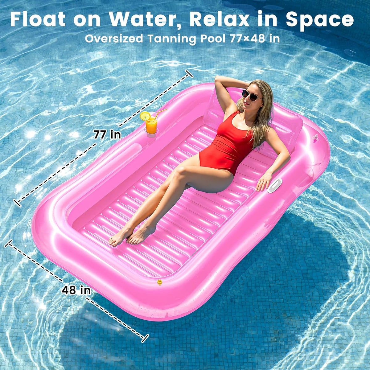 Inflatable Tanning Pool Lounger Float with Sprinkler, 77" x 48" XL Tanning Pool for Adults with Pillow & Cup Holder, 6 in 1 Suntan Tub Sunbathing Bed Pool Floats Adult for Backyard, Beach & Lake