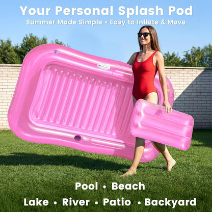 Inflatable Tanning Pool Lounger Float with Sprinkler, 77" x 48" XL Tanning Pool for Adults with Pillow & Cup Holder, 6 in 1 Suntan Tub Sunbathing Bed Pool Floats Adult for Backyard, Beach & Lake