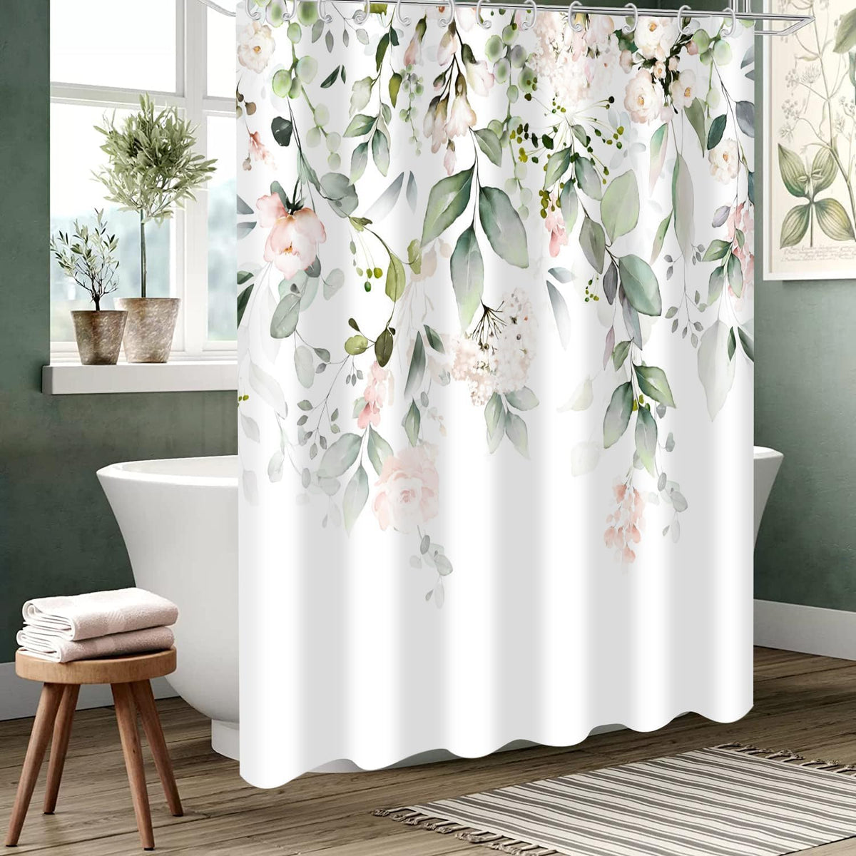 Spring Shower Curtain, Sage Green Eucalyptus Leaf Pink Watercolor Floral Botanical Plants Bathroom Curtain Waterproof Fabric Machine Washable with Hooks, 72" Wx72 L