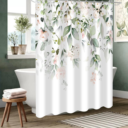 Spring Shower Curtain, Sage Green Eucalyptus Leaf Pink Watercolor Floral Botanical Plants Bathroom Curtain Waterproof Fabric Machine Washable with Hooks, 72" Wx72 L