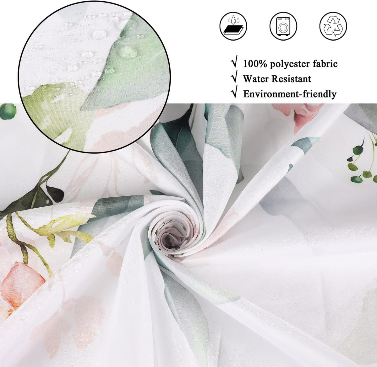 Spring Shower Curtain, Sage Green Eucalyptus Leaf Pink Watercolor Floral Botanical Plants Bathroom Curtain Waterproof Fabric Machine Washable with Hooks, 72" Wx72 L