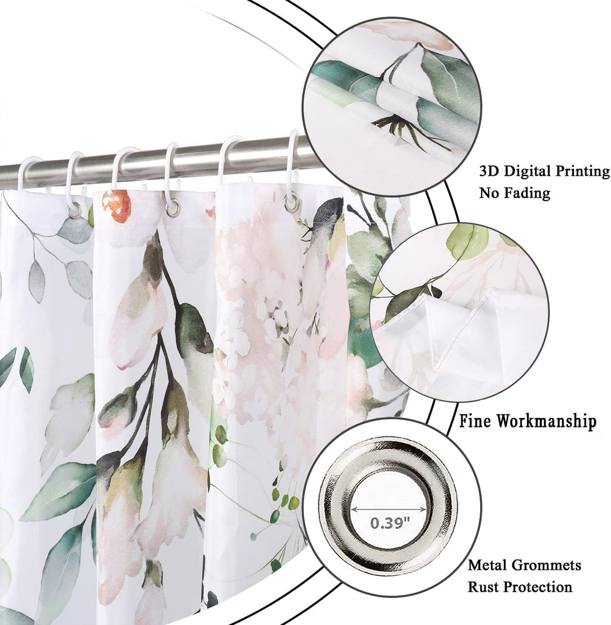 Spring Shower Curtain, Sage Green Eucalyptus Leaf Pink Watercolor Floral Botanical Plants Bathroom Curtain Waterproof Fabric Machine Washable with Hooks, 72" Wx72 L