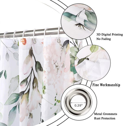 Spring Shower Curtain, Sage Green Eucalyptus Leaf Pink Watercolor Floral Botanical Plants Bathroom Curtain Waterproof Fabric Machine Washable with Hooks, 72" Wx72 L