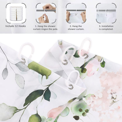 Spring Shower Curtain, Sage Green Eucalyptus Leaf Pink Watercolor Floral Botanical Plants Bathroom Curtain Waterproof Fabric Machine Washable with Hooks, 72" Wx72 L
