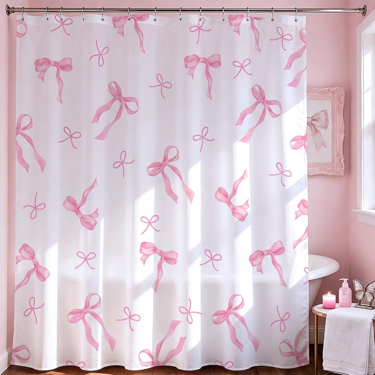 Pink Bow Shower Curtain, Girly Bathroom Decor 72 x 72 inch