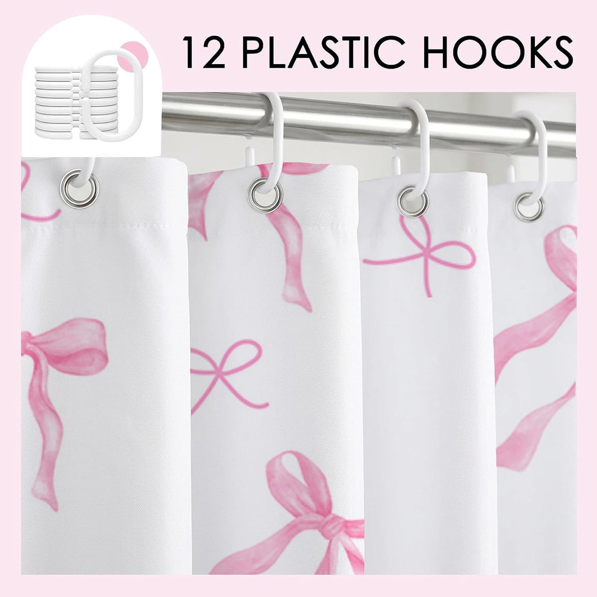 Pink Bow Shower Curtain, Girly Bathroom Decor 72 x 72 inch