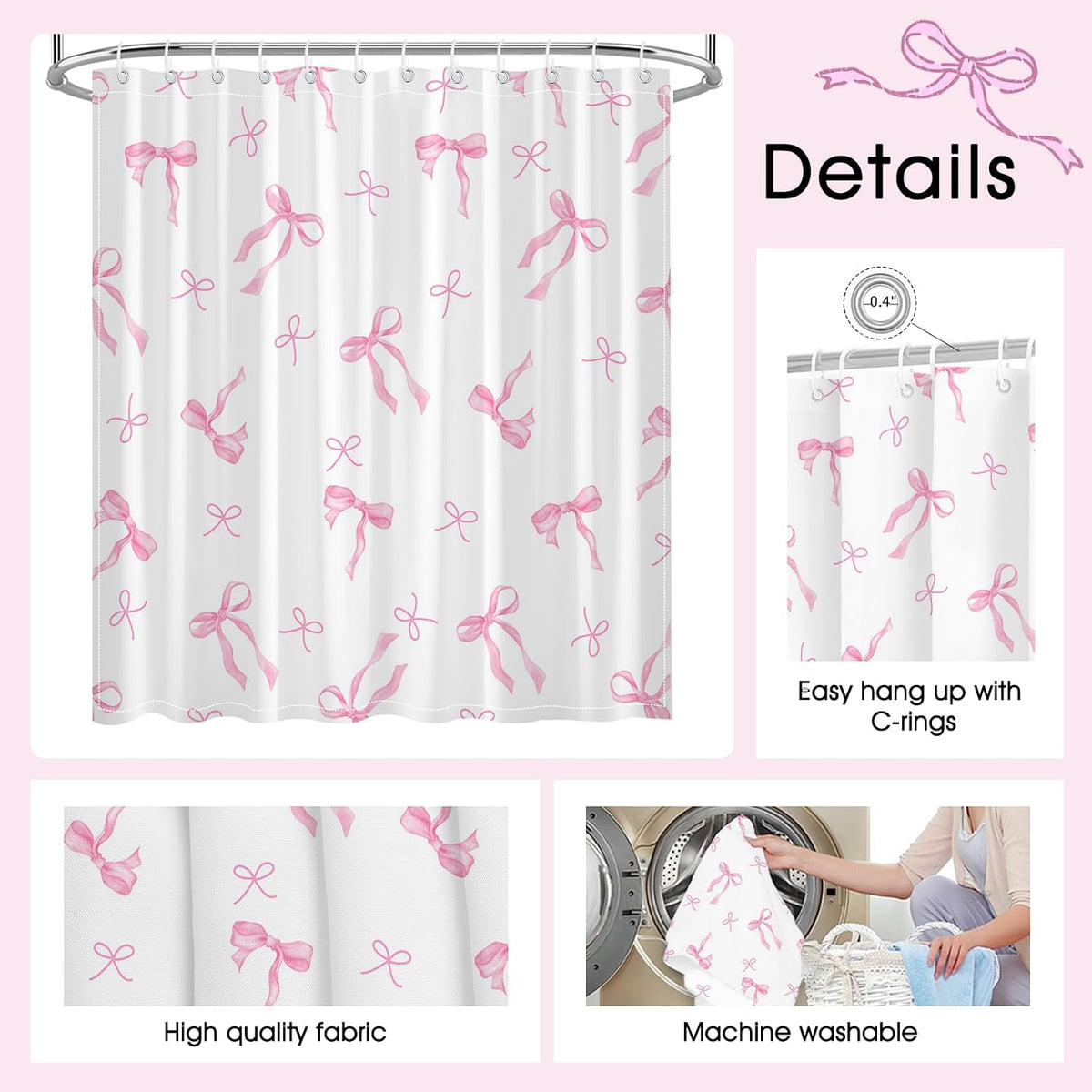 Pink Bow Shower Curtain, Girly Bathroom Decor 72 x 72 inch