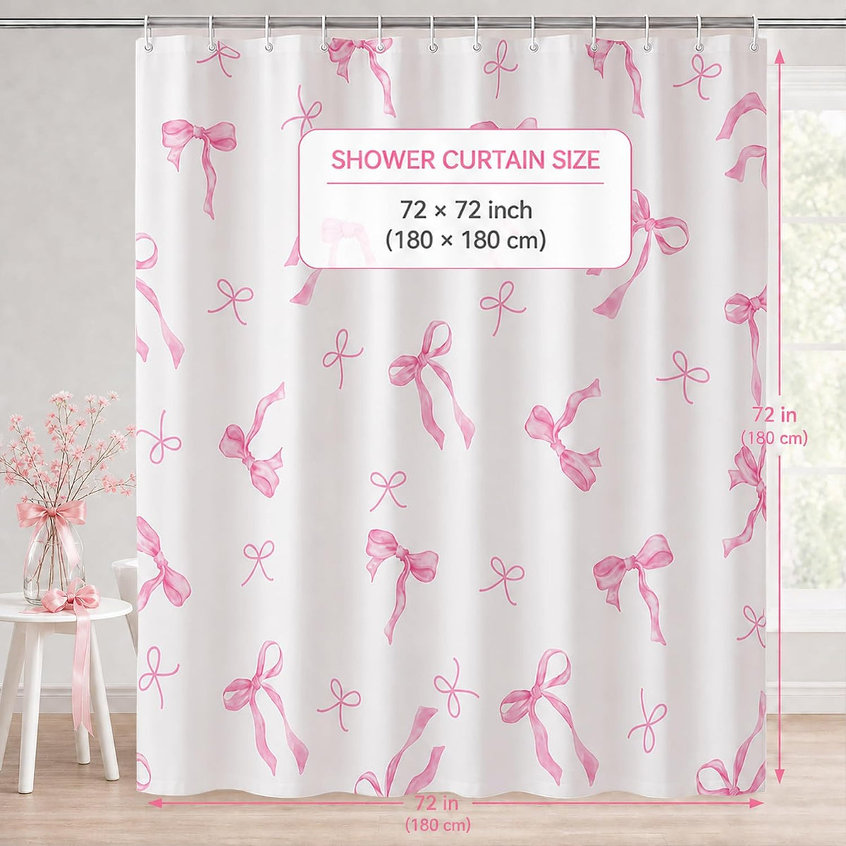 Pink Bow Shower Curtain, Girly Bathroom Decor 72 x 72 inch