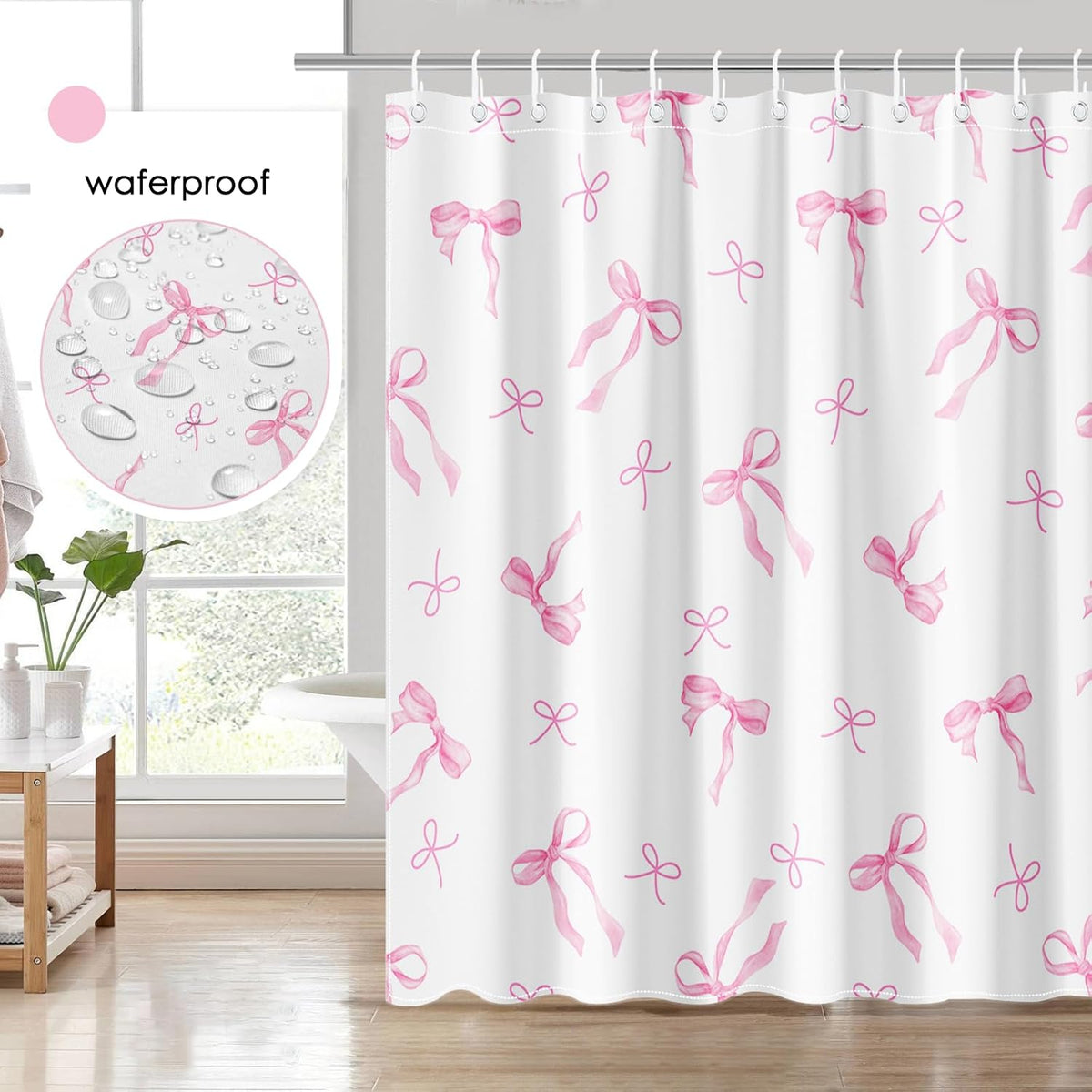 Pink Bow Shower Curtain, Girly Bathroom Decor 72 x 72 inch