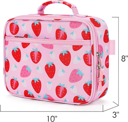 Kids Lunch Box for Girls, Insulated and Reusable Lunch Bag for School Preschool Kindergarten, Assorted Strawberry - Pink