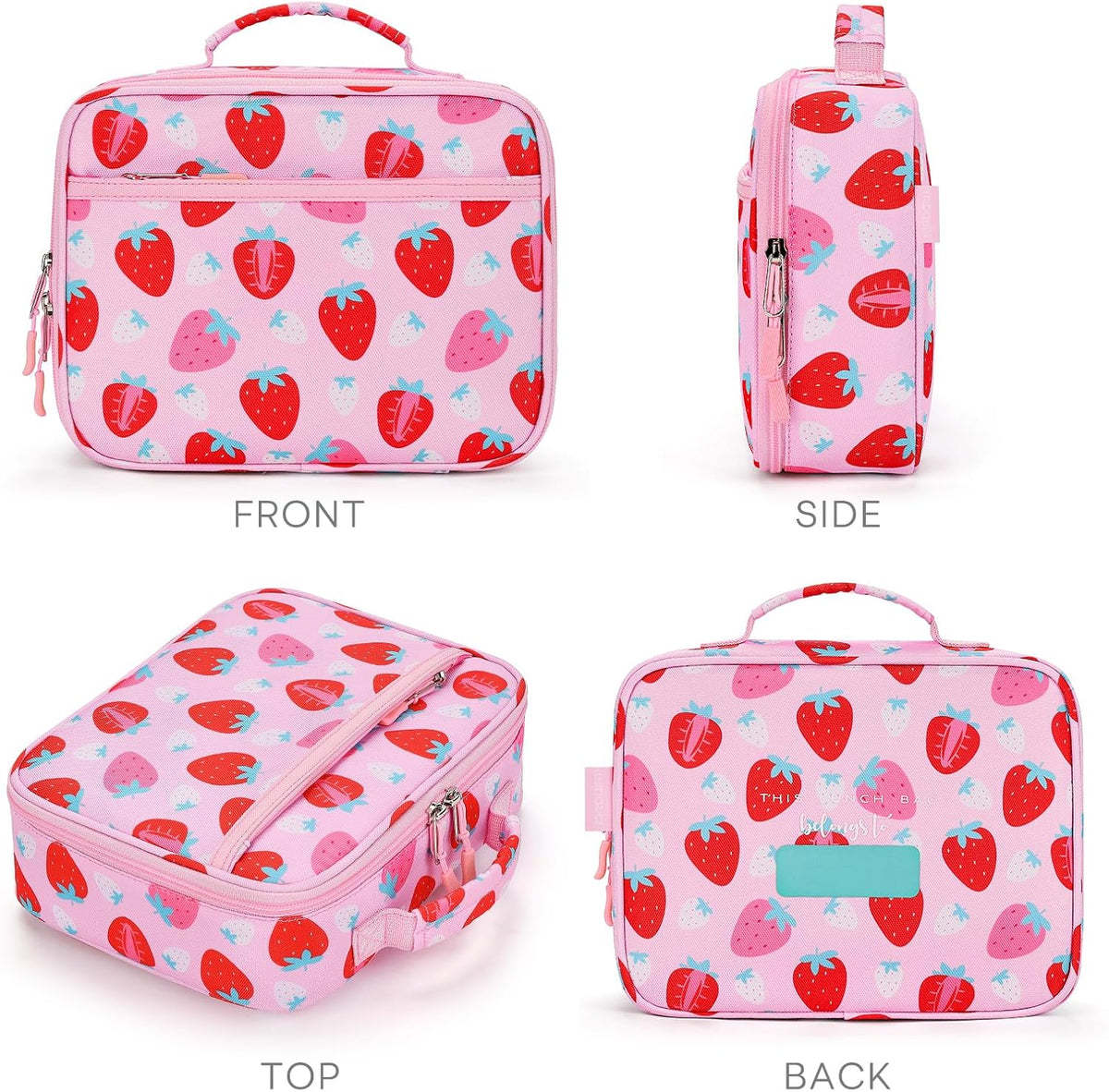 Kids Lunch Box for Girls, Insulated and Reusable Lunch Bag for School Preschool Kindergarten, Assorted Strawberry - Pink