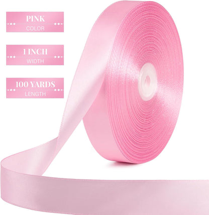 100 Yards 1 Inch Pink Satin Ribbon, Solid Craft Fabric Ribbon for Christmas Gift Wrapping, Bows Making, Flower Bouquet, Wedding Party Decoration