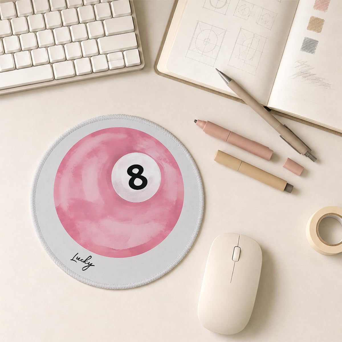 Pink Lucky 8 Mousepad, Aesthetic Round Mouse Pad, 8.6x8.6 Inch