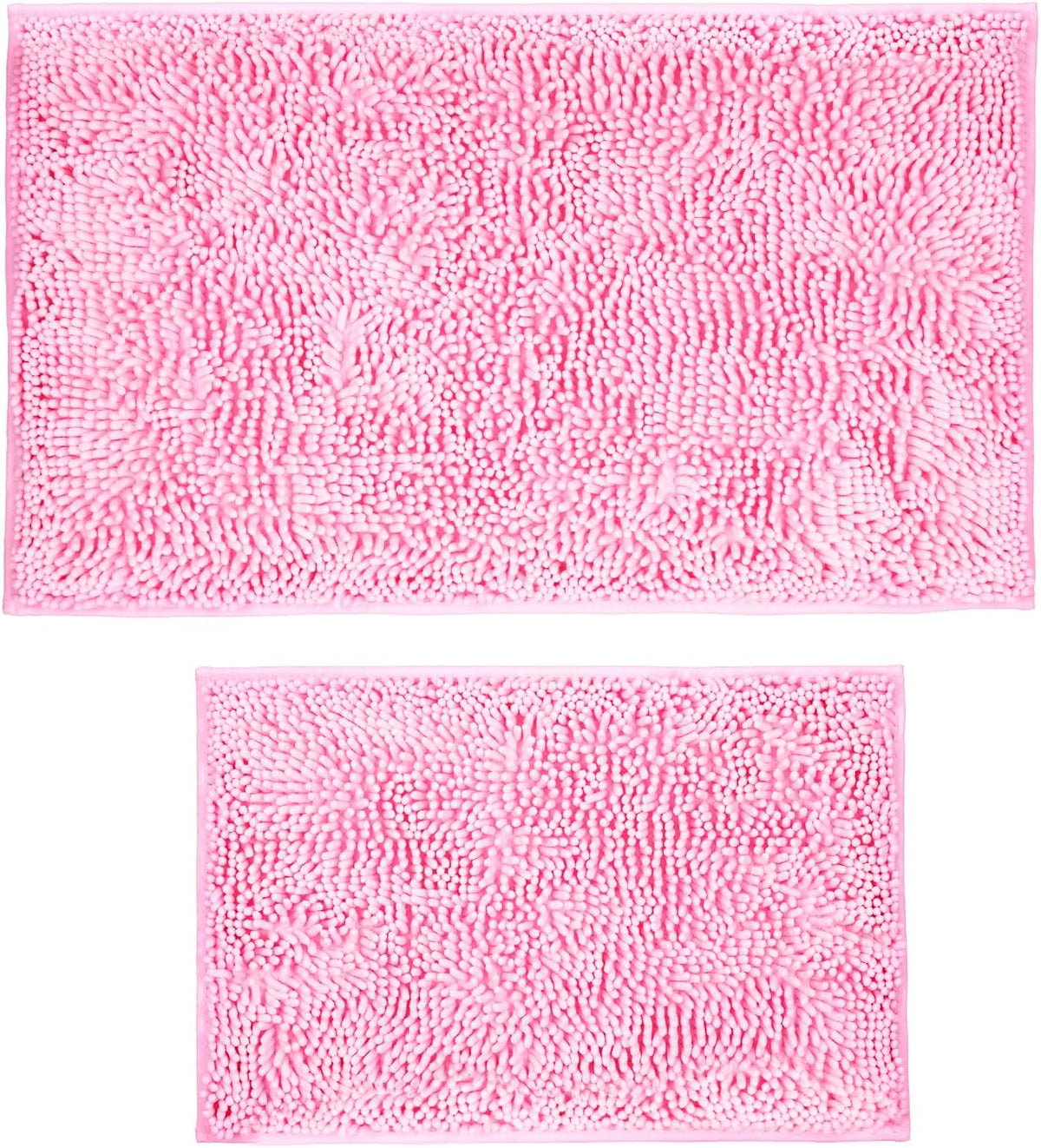 Pink Chenille Bathroom Rugs Set 2 Piece - Non Slip Absorbent Bath Mat for Shower, Quick Dry Machine Washable Floor Mats, Soft Plush, 17"x24"+20"x32" Inch