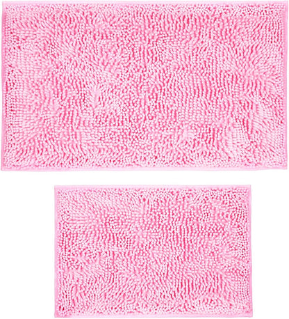Pink Chenille Bathroom Rugs Set 2 Piece - Non Slip Absorbent Bath Mat for Shower, Quick Dry Machine Washable Floor Mats, Soft Plush, 17"x24"+20"x32" Inch