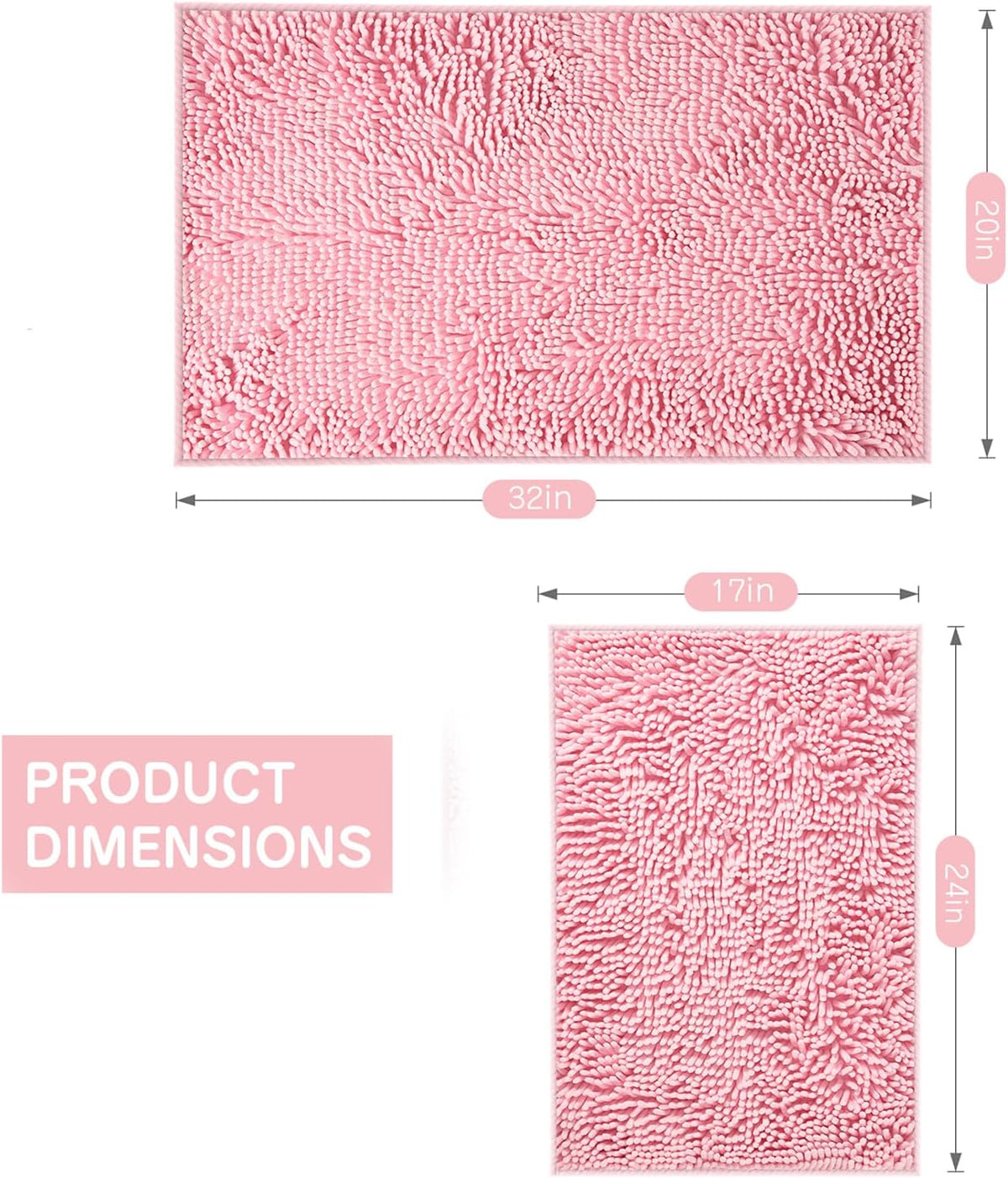 Pink Chenille Bathroom Rugs Set 2 Piece - Non Slip Absorbent Bath Mat for Shower, Quick Dry Machine Washable Floor Mats, Soft Plush, 17"x24"+20"x32" Inch