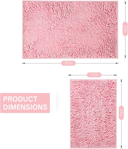 Pink Chenille Bathroom Rugs Set 2 Piece - Non Slip Absorbent Bath Mat for Shower, Quick Dry Machine Washable Floor Mats, Soft Plush, 17"x24"+20"x32" Inch